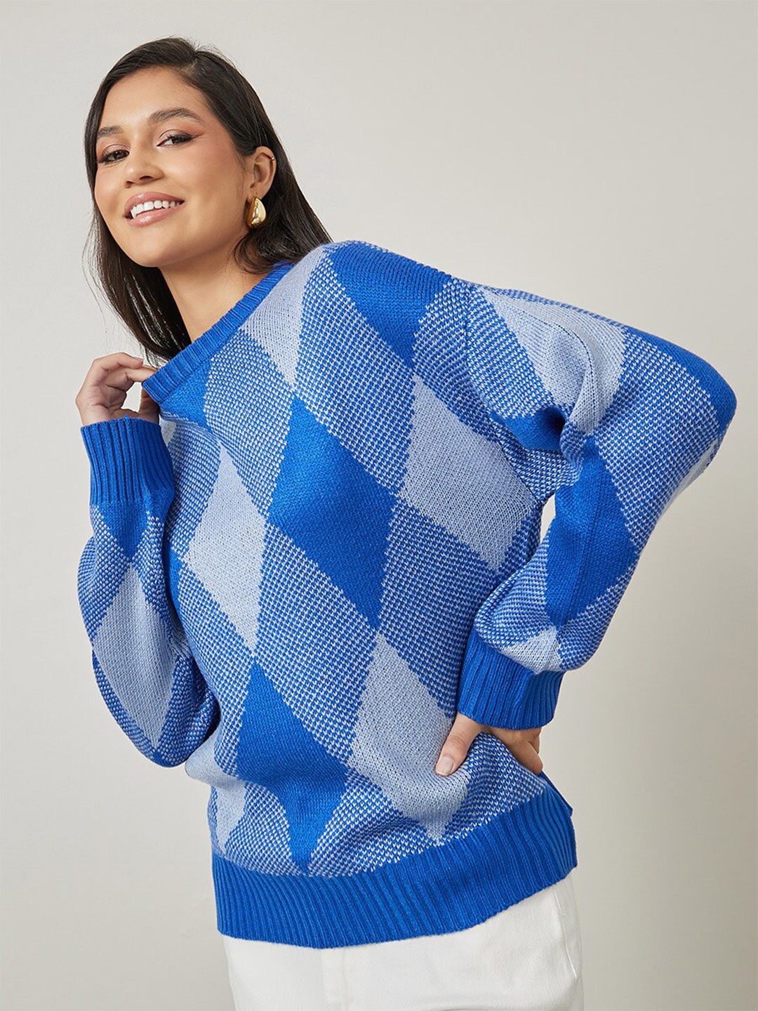 

Styli Blue Argyle Printed Regular Fit Round Neck Acrylic Pullover Sweater