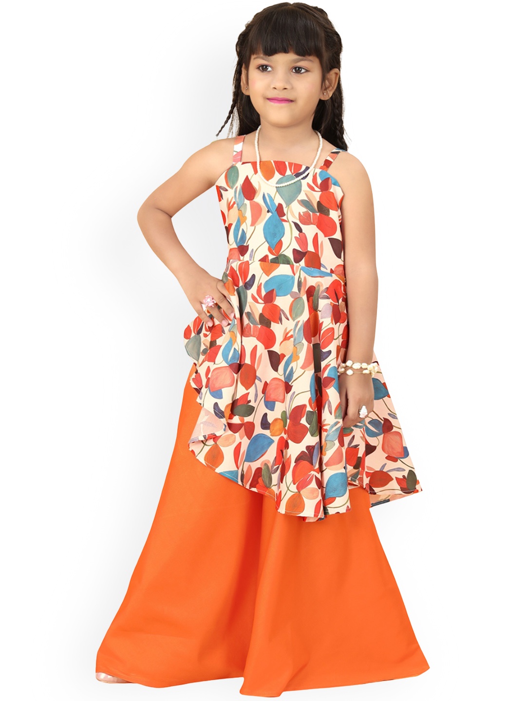 

BAESD Girls Floral Printed Shoulder Straps Regular Kurta with Palazzos, Orange