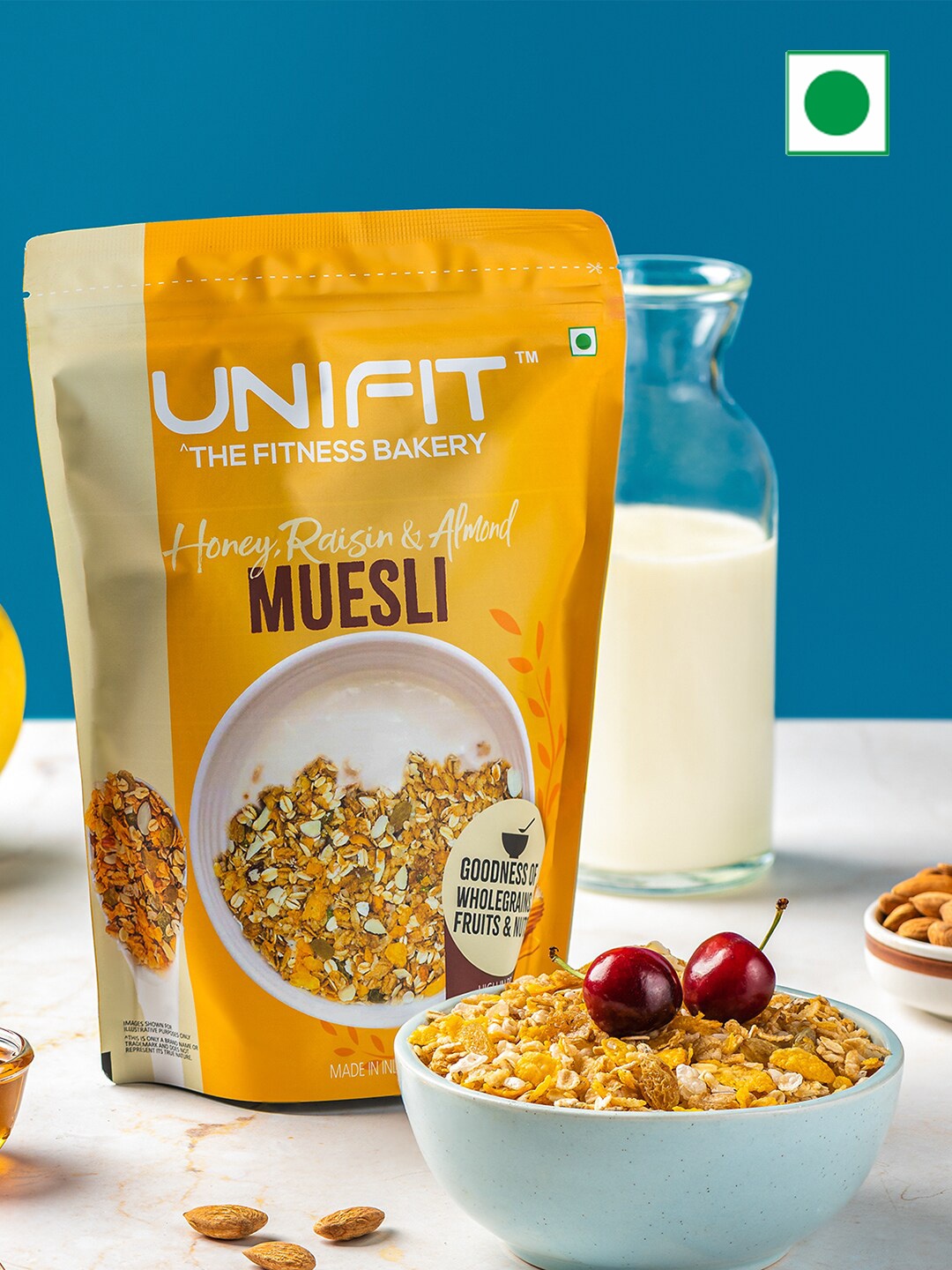 

UNIFIT Muesli with Honey Raisins & Almonds Cereal for Healthy Breakfast - 375g, Yellow