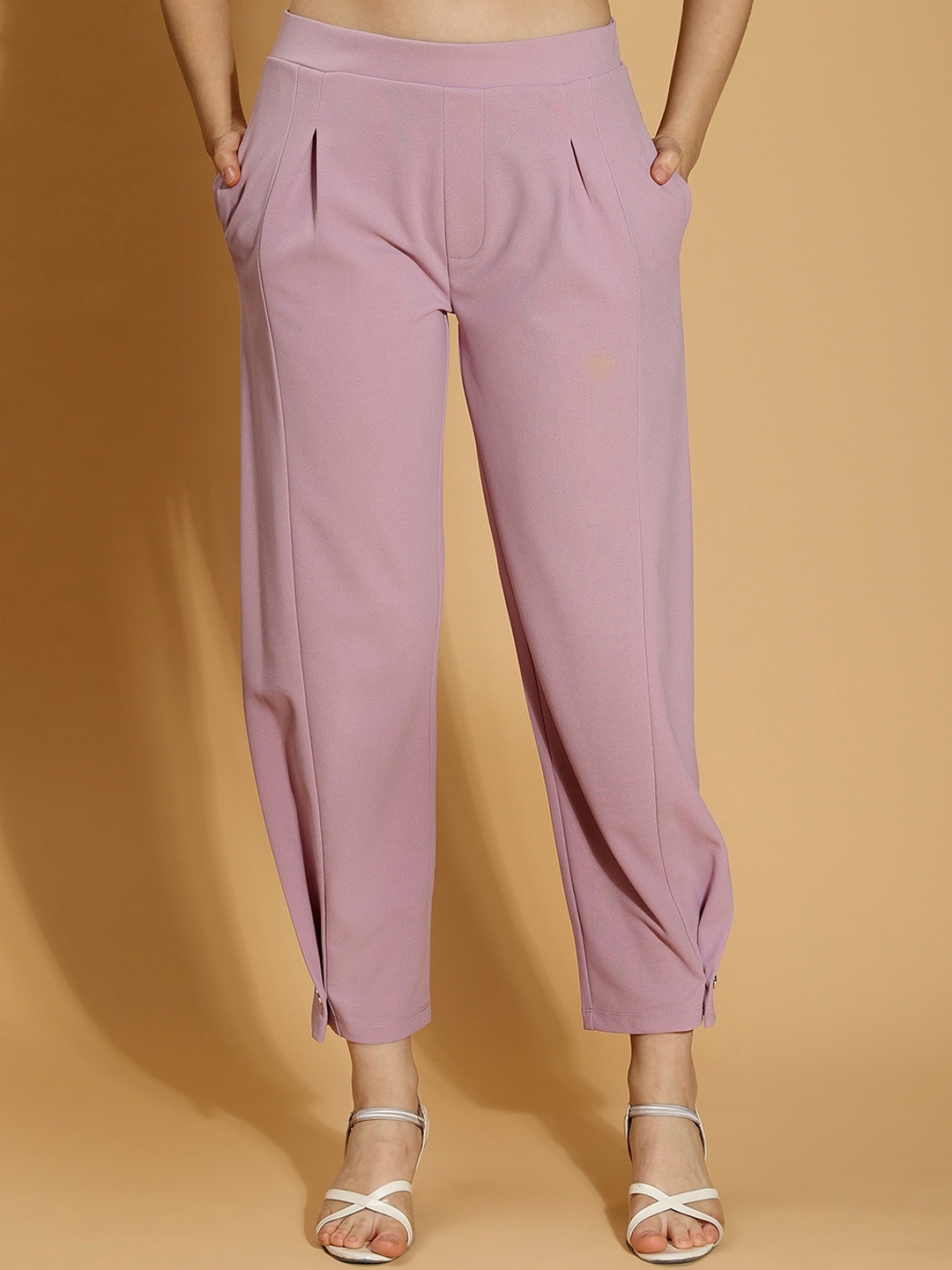 

DressBerry Women Pink Mid Rise Pleated Trousers