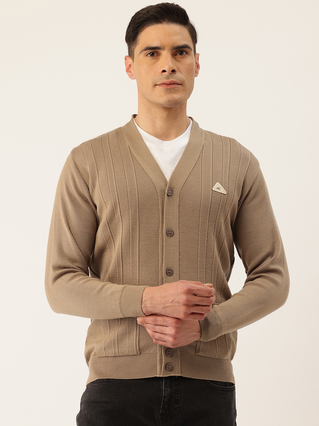 

Monte Carlo Self Striped Woollen Cardigan, Beige