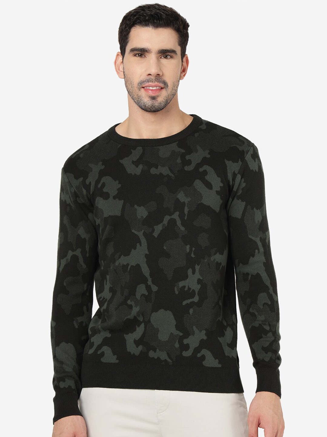 

JADE BLUE Camouflage Printed Slim Fit Pure Cotton T-shirt, Green