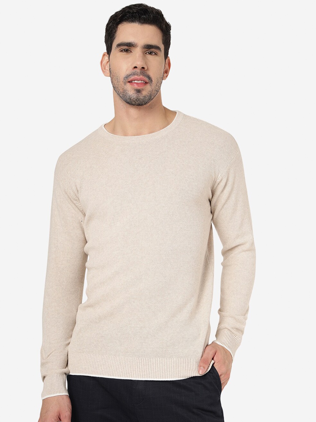 

JADE BLUE Round Neck Slim Fit Pure Cotton T-shirt, Beige