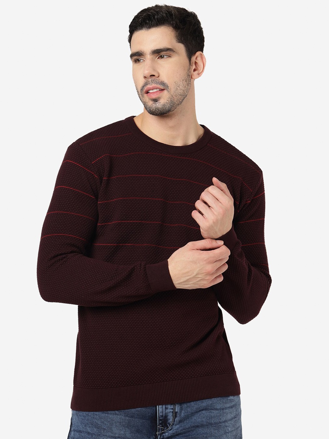 

JADE BLUE Striped Slim Fit Pure Cotton T-shirt, Maroon