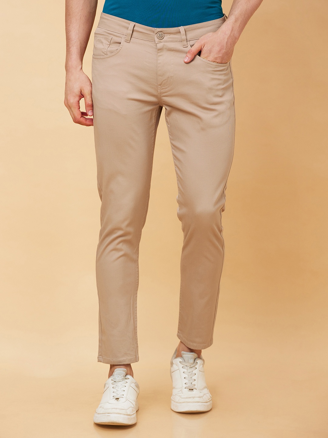 

Being Human Men Mid Rise Solid Cropped Fit Chinos Trousers, Camel brown