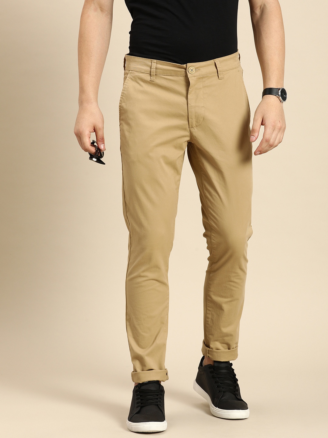 Being Human Men Solid Mid-Rise Regular Fit Chinos, Khaki
