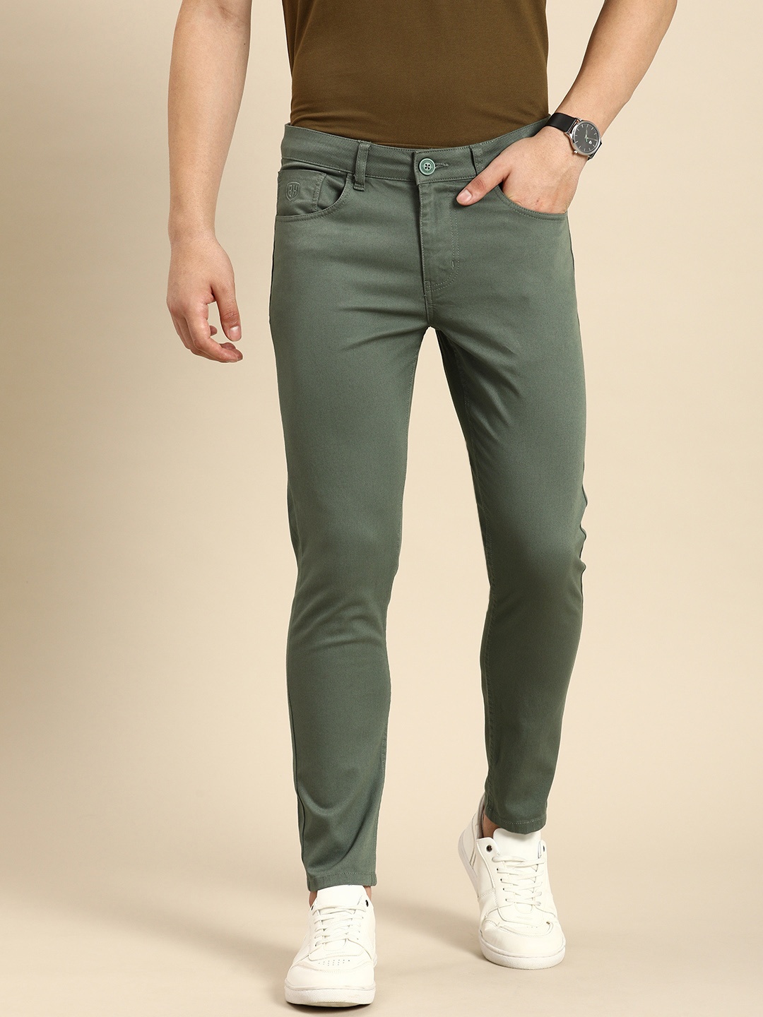 

Being Human Men Textured Comfort Chinos Trousers, Green