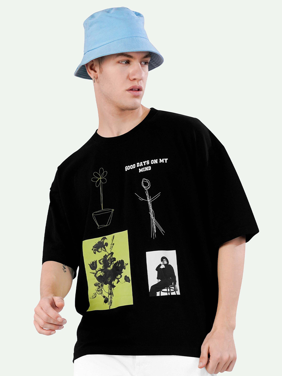 

FRENCH CROWN Graphic Printed Cotton Oversized T-shirt, Black