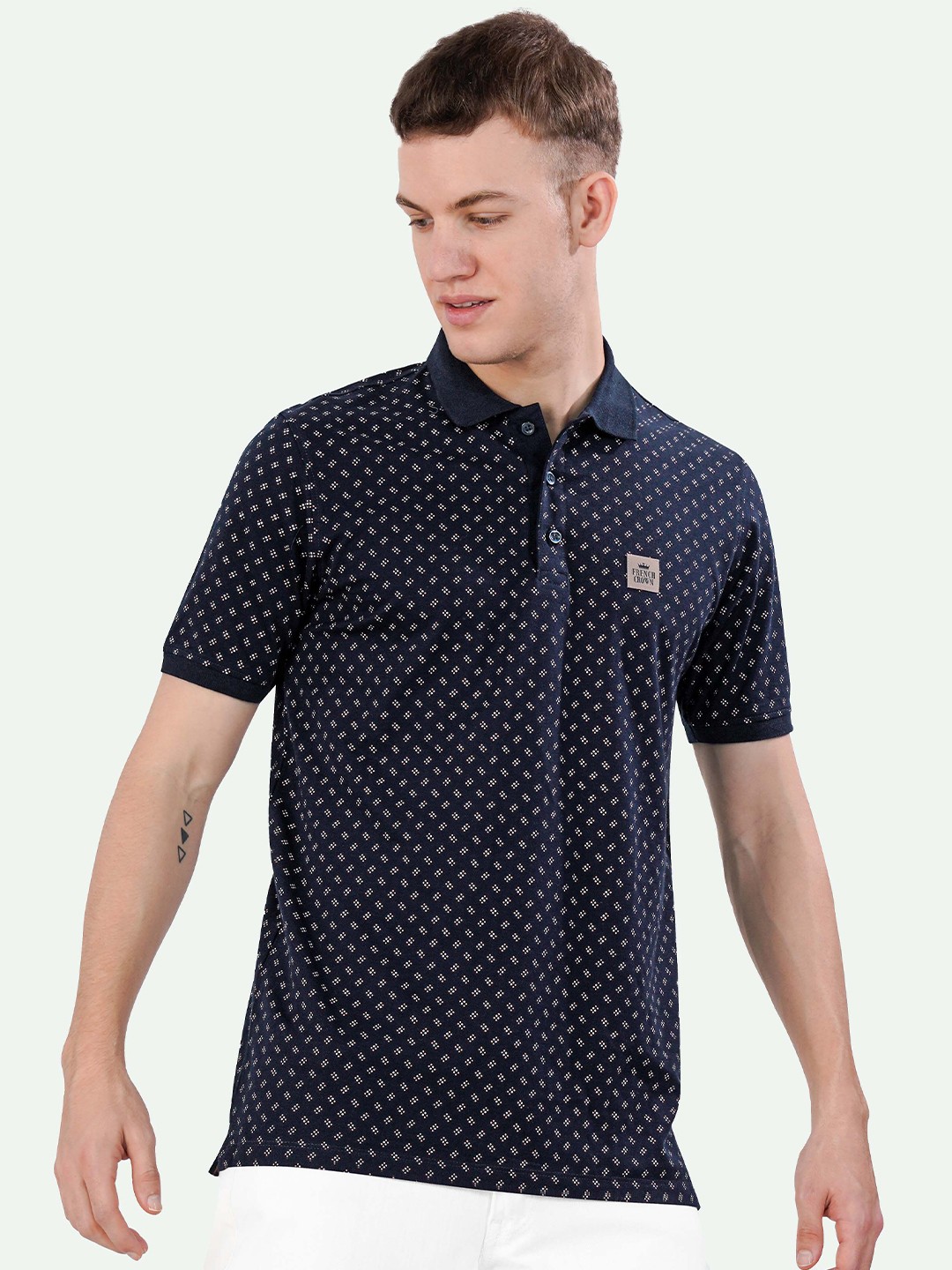 

FRENCH CROWN Geometric Printed Polo Collar Pure Cotton T-shirt, Blue
