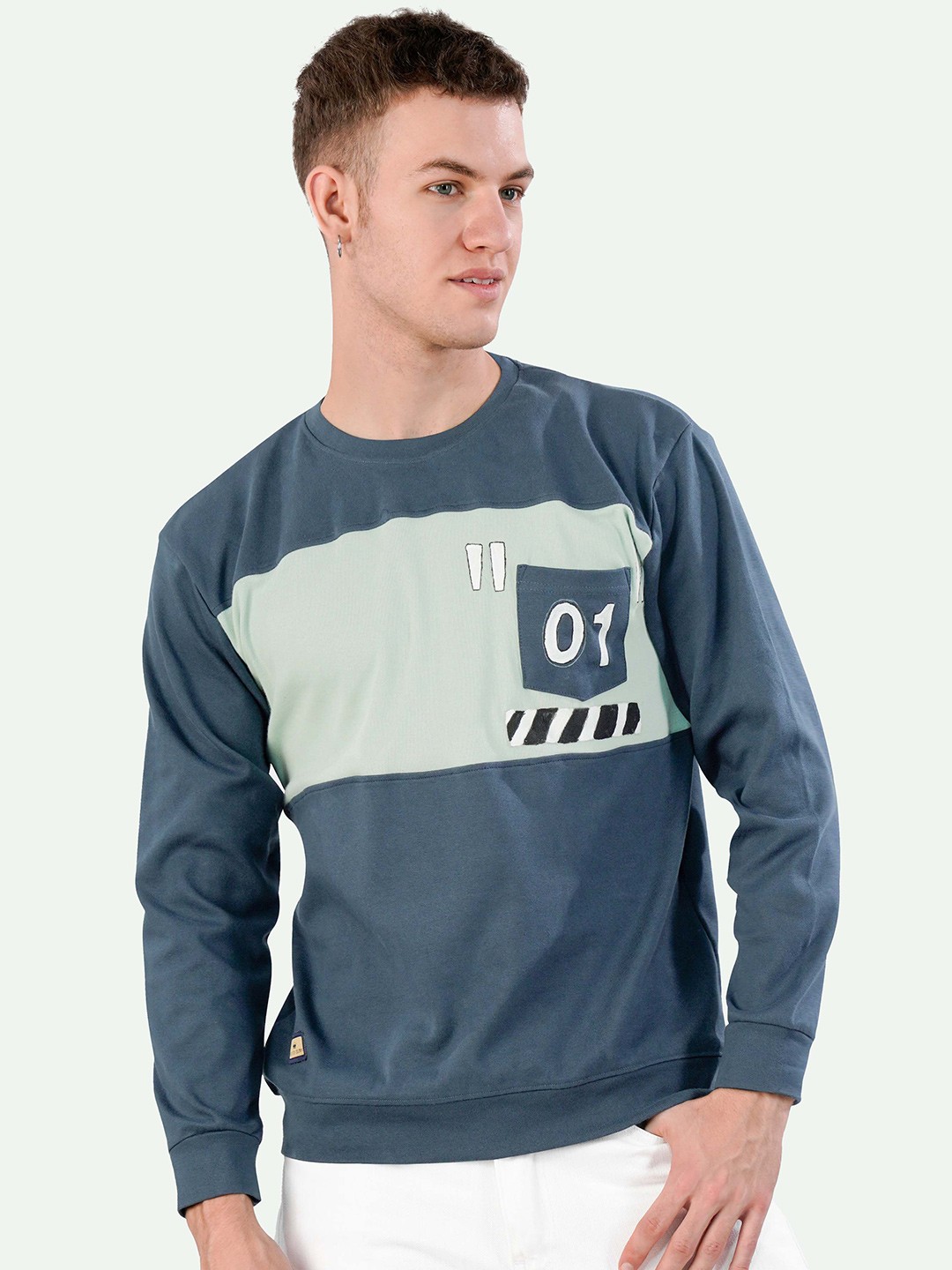 

FRENCH CROWN Colourblocked Round Neck Long Sleeves Hand Painted T-shirt, Blue