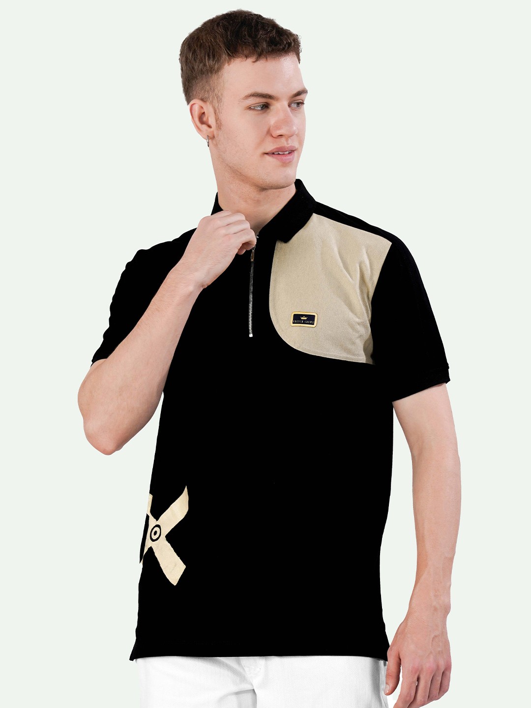 

FRENCH CROWN Colourblocked Polo Collar Pure Cotton T-shirt, Black