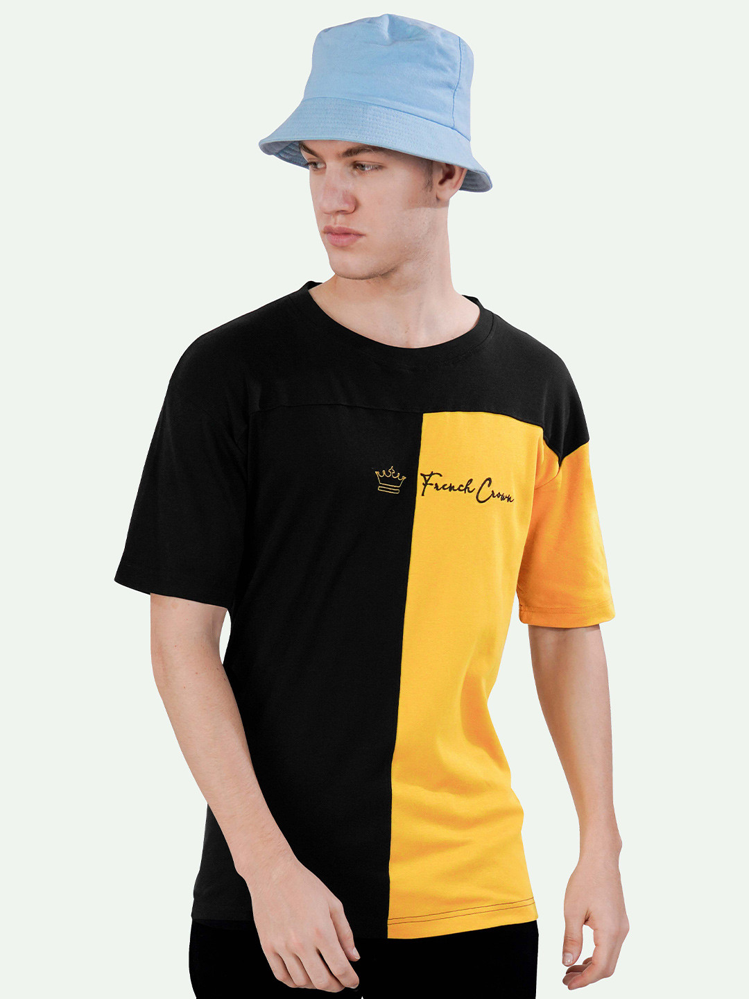 

FRENCH CROWN Colourblocked Drop Shoulder Sleeves Cotton T-shirt, Black