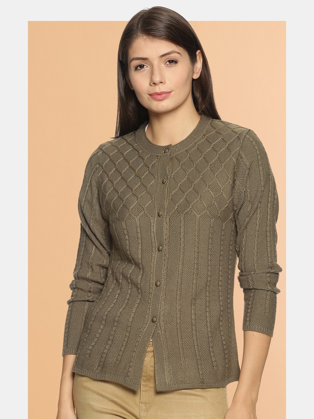 

Chemistry Cable Knit Self Design Woolen Cardigan Sweater, Brown