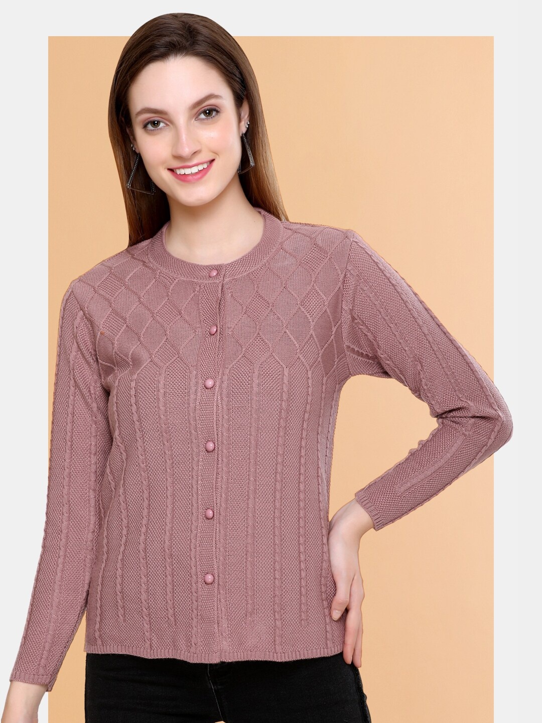 

Chemistry Cable Knit Self Design Woolen Cardigan Sweater, Peach