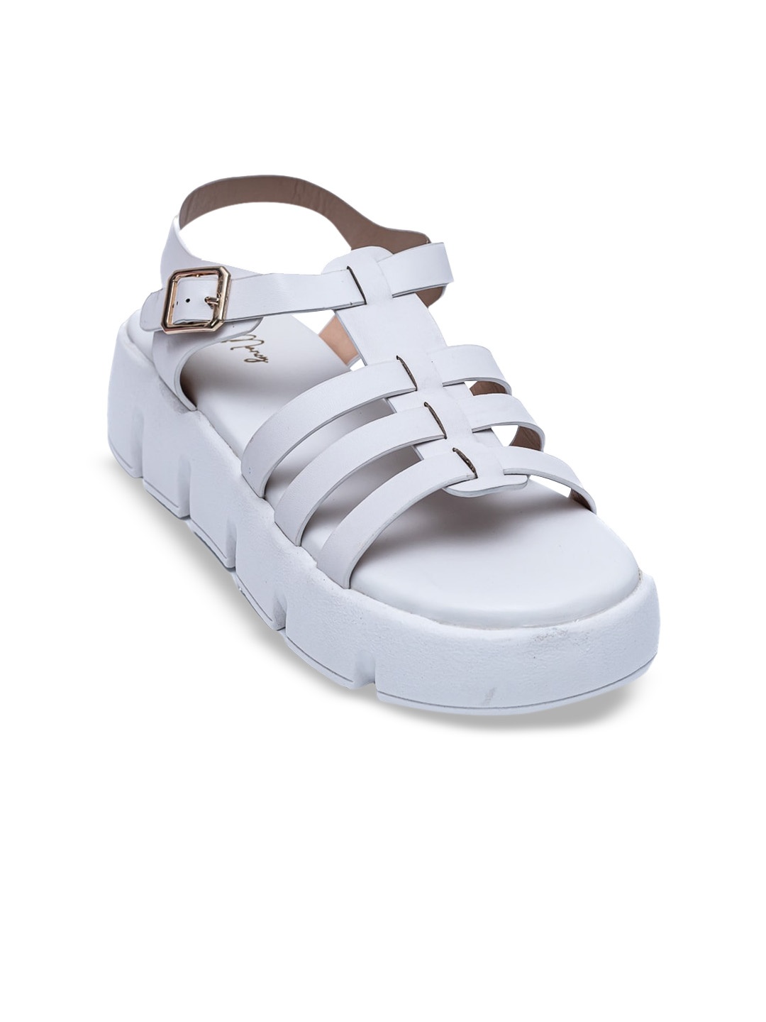

Dapper Feet-Fancy Nancy Open Toe Flatform Gladiators With Buckle Closure, White