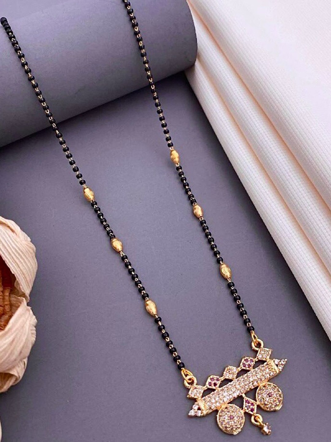 

ATIBELLE Rose Gold Plated CZ Studded & Beaded Mangalsutra