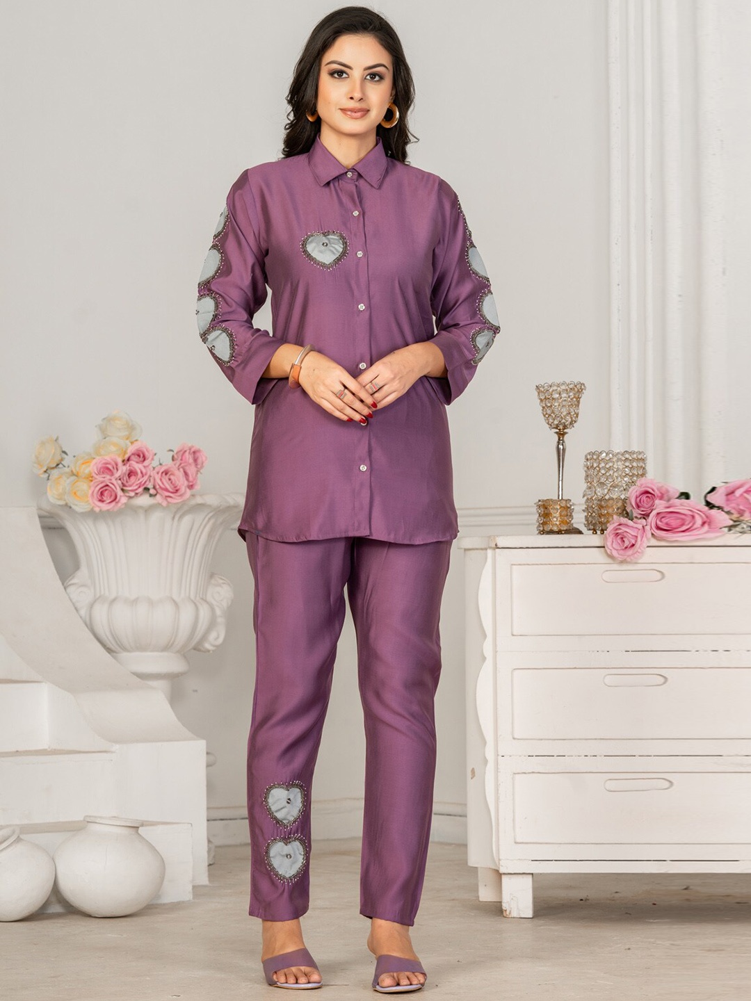 

Kiana Embroidered Shirt With Trousers Co-Ords, Purple