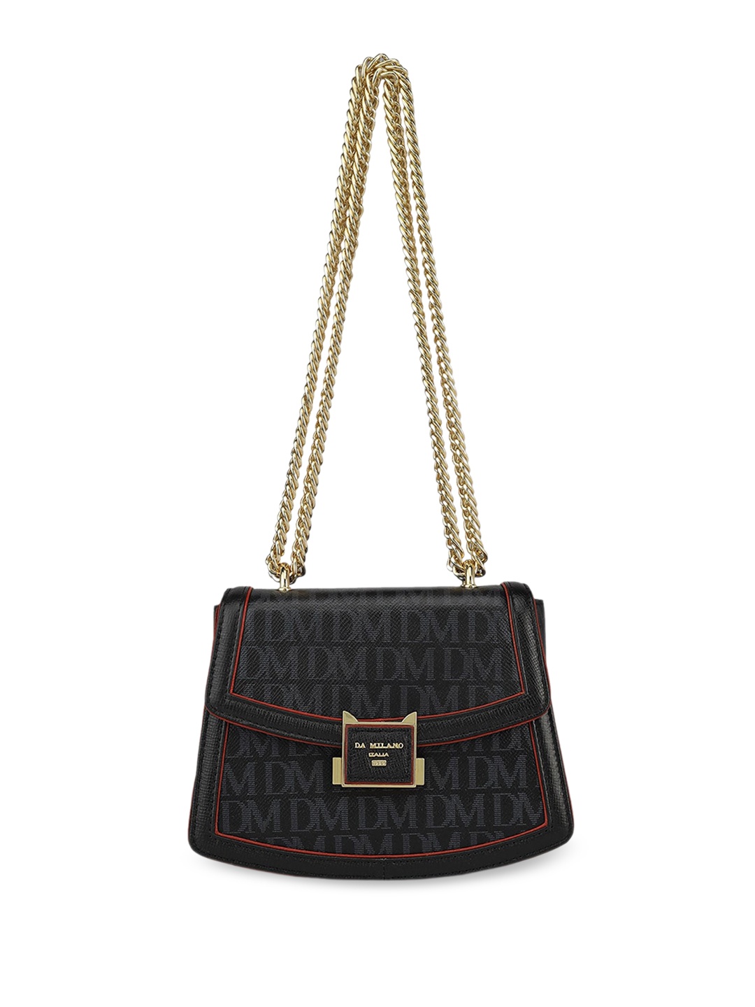 

Da Milano Typography Printed Structured Leather Shoulder Bag, Black