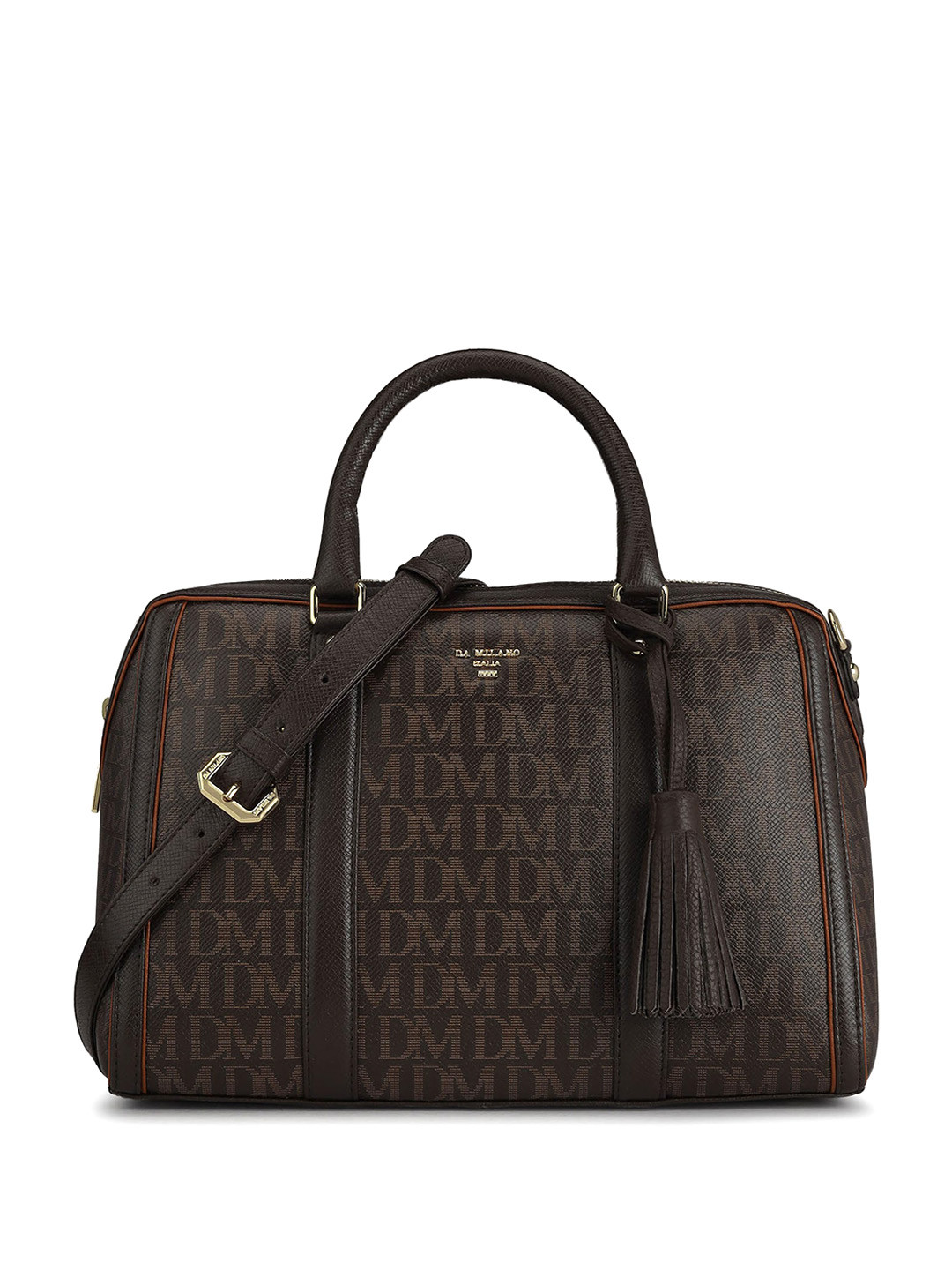

Da Milano Typography Printed Leather Structured Shoulder Bag, Brown