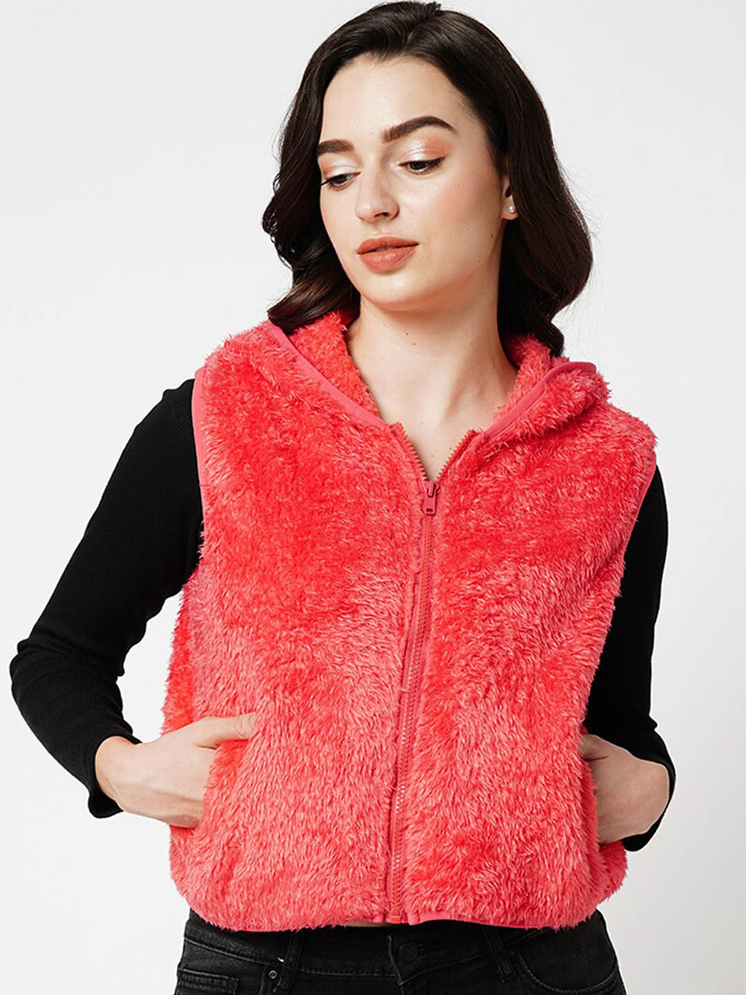 

ONLY Faux Fur Detail Sleeveless Hooded Crop Tailored Jacket, Red