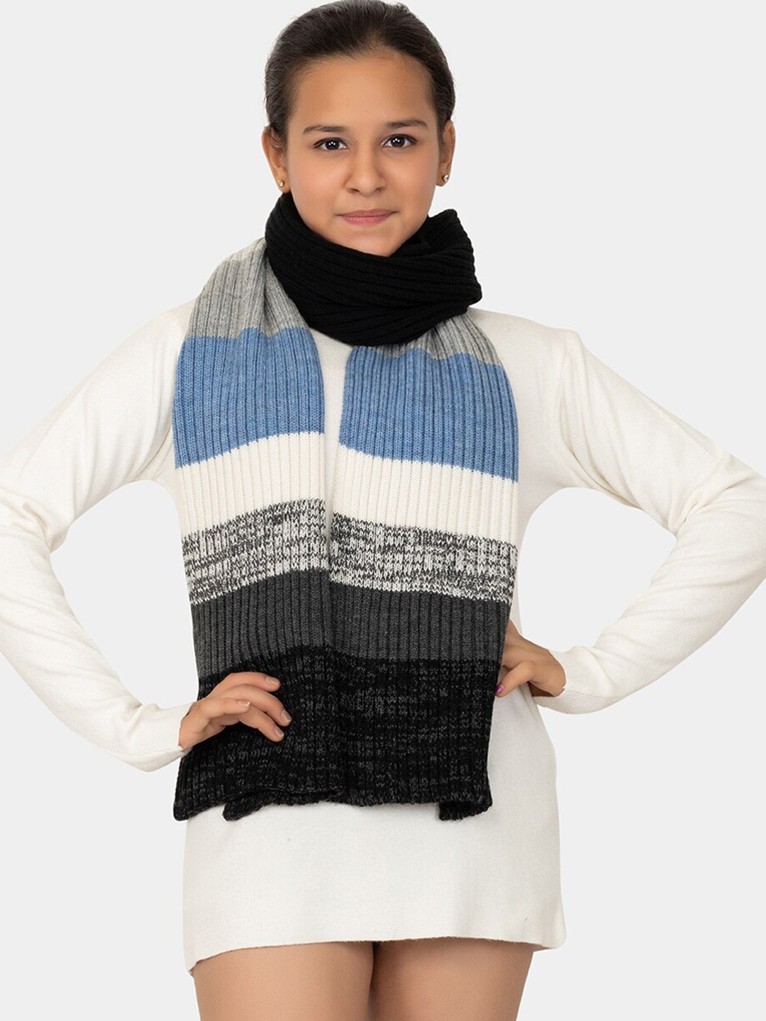 

513 Girls Striped Acrylic Muffler, Black