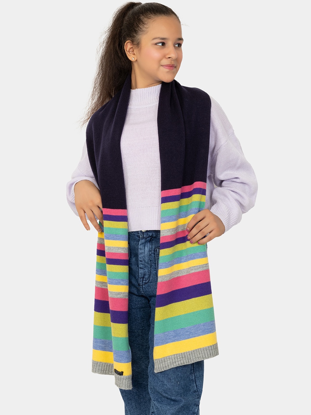 

513 Girls Striped Acrylic Muffler, Grey