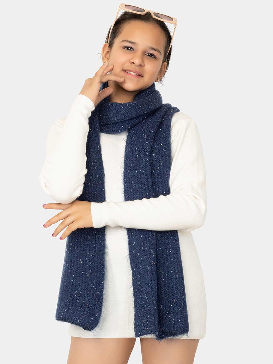 

513 Girls Self Design Acrylic Muffler, Navy blue