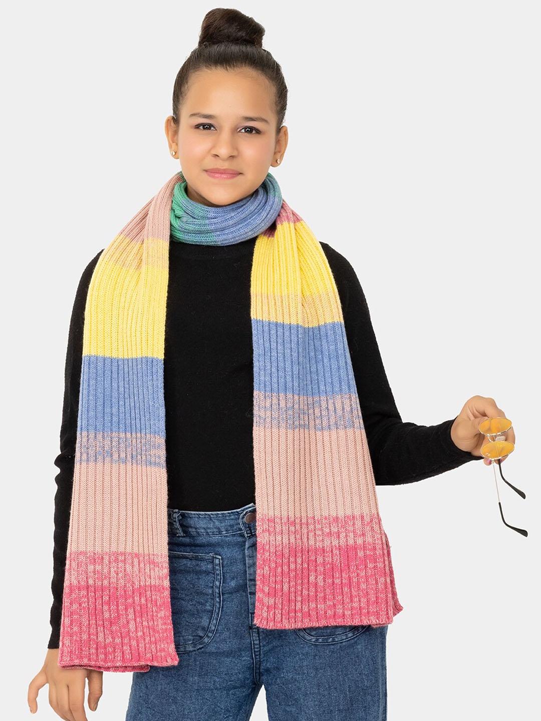 

513 Girls Colourblocked Acrylic Muffler, Pink