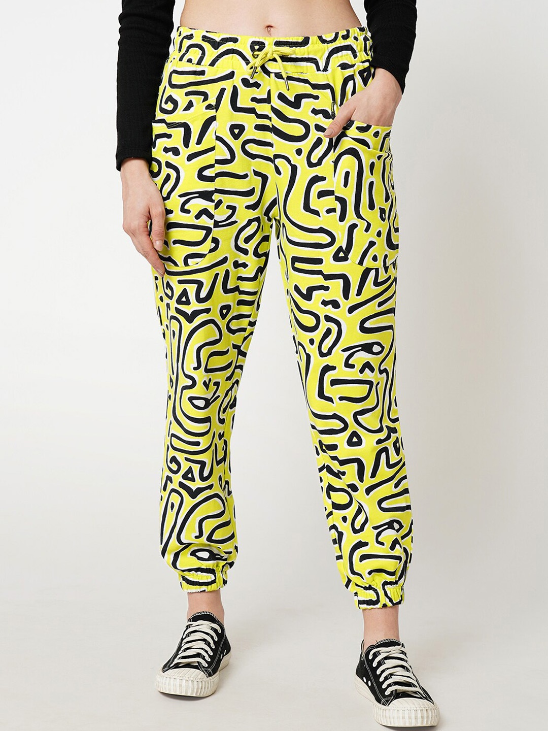 

ONLY Women Abstract Printed Loose Fit Pure Cotton Joggers, Yellow