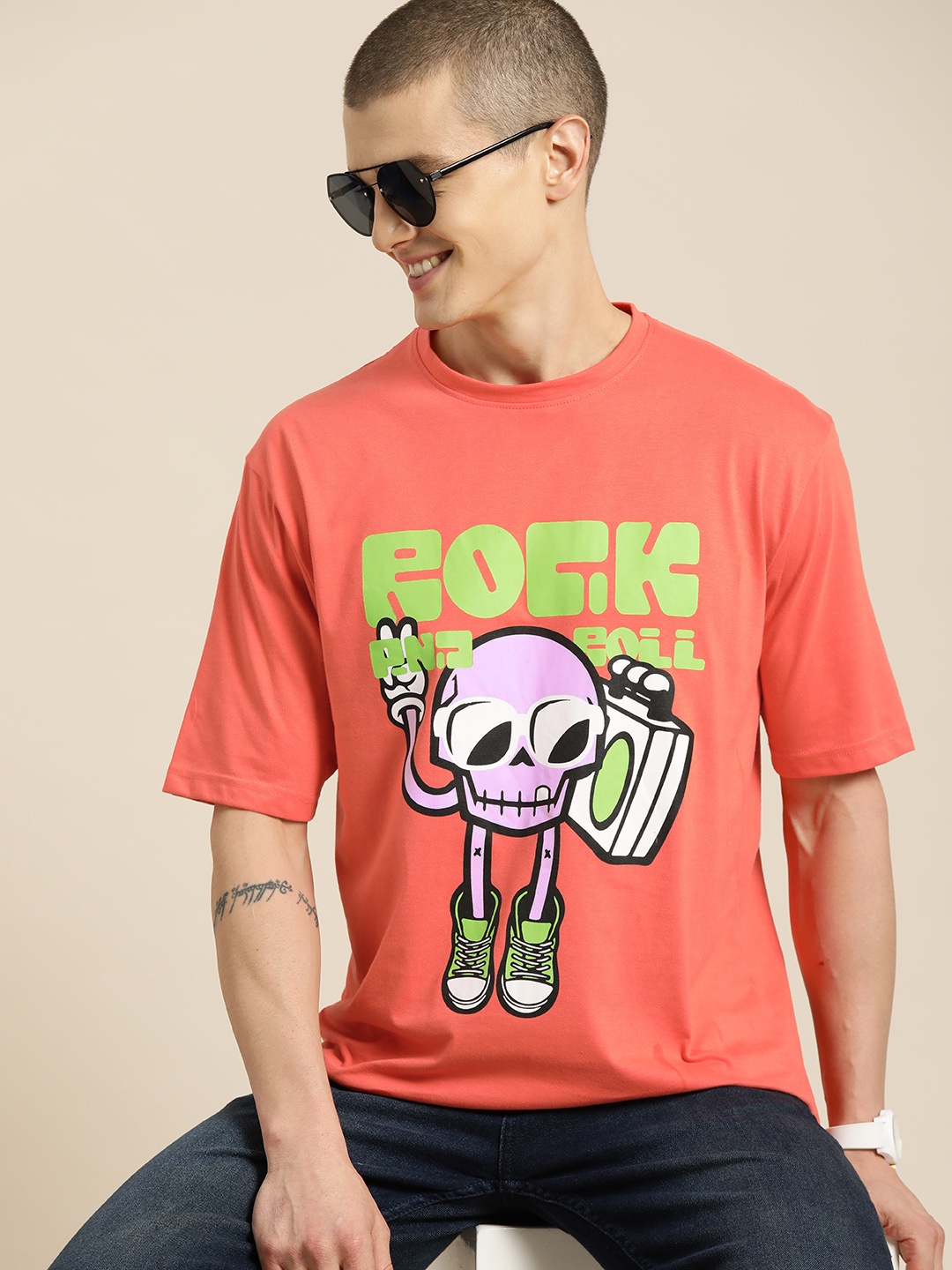 

HERE&NOW Men Printed Drop-Shoulder Sleeves T-shirt, Orange