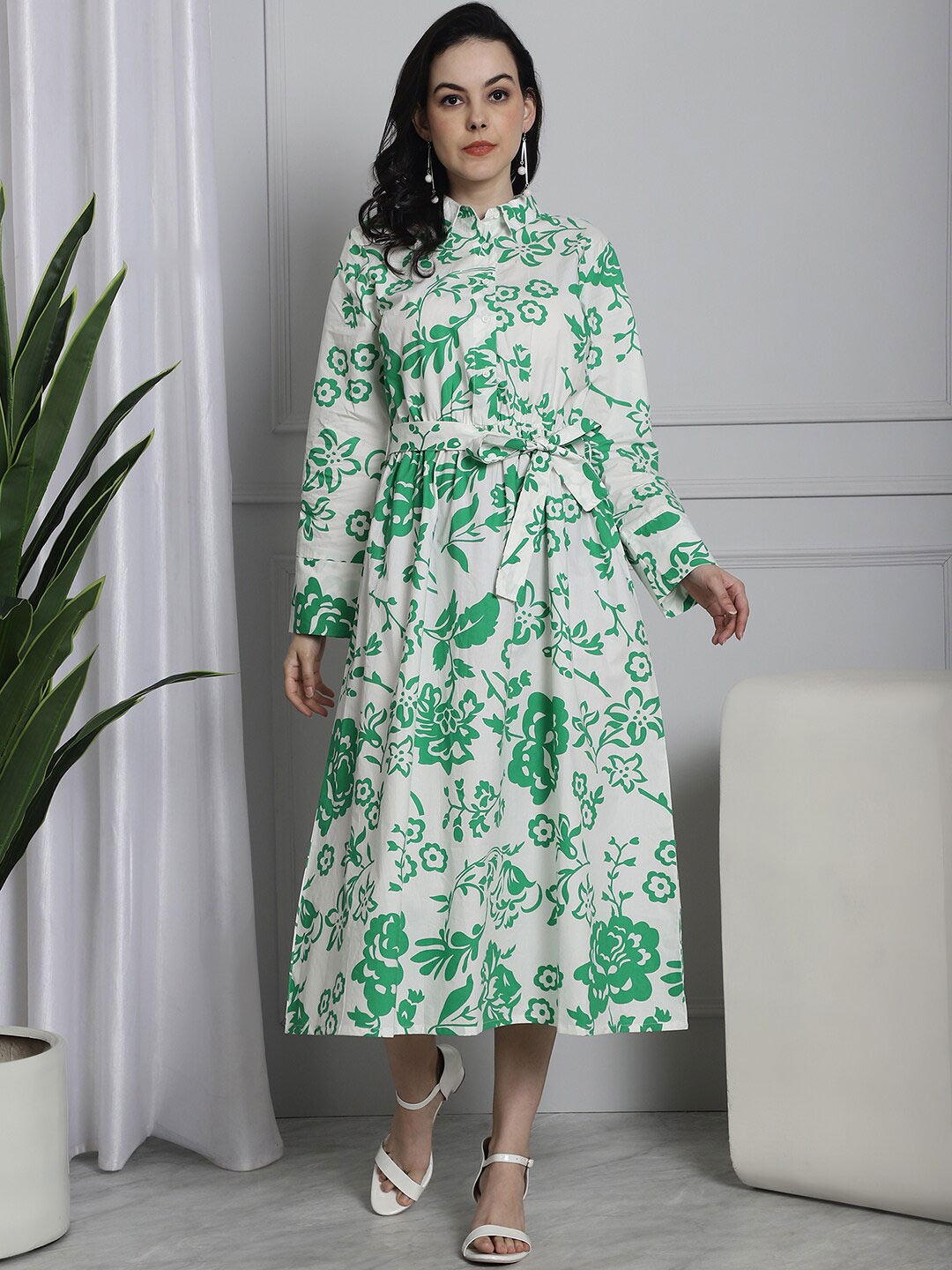 

NoBarr Floral Printed Shirt Collar Cotton A-Line Midi Dress, Green