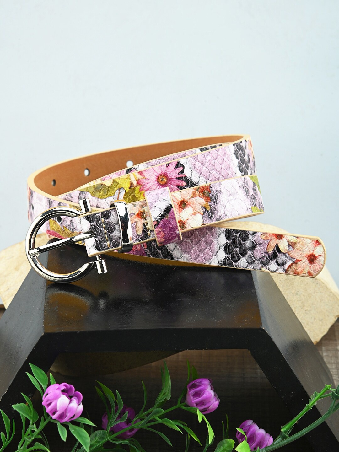 

BuckleUp Women Floral Printed Slim Belt, Pink