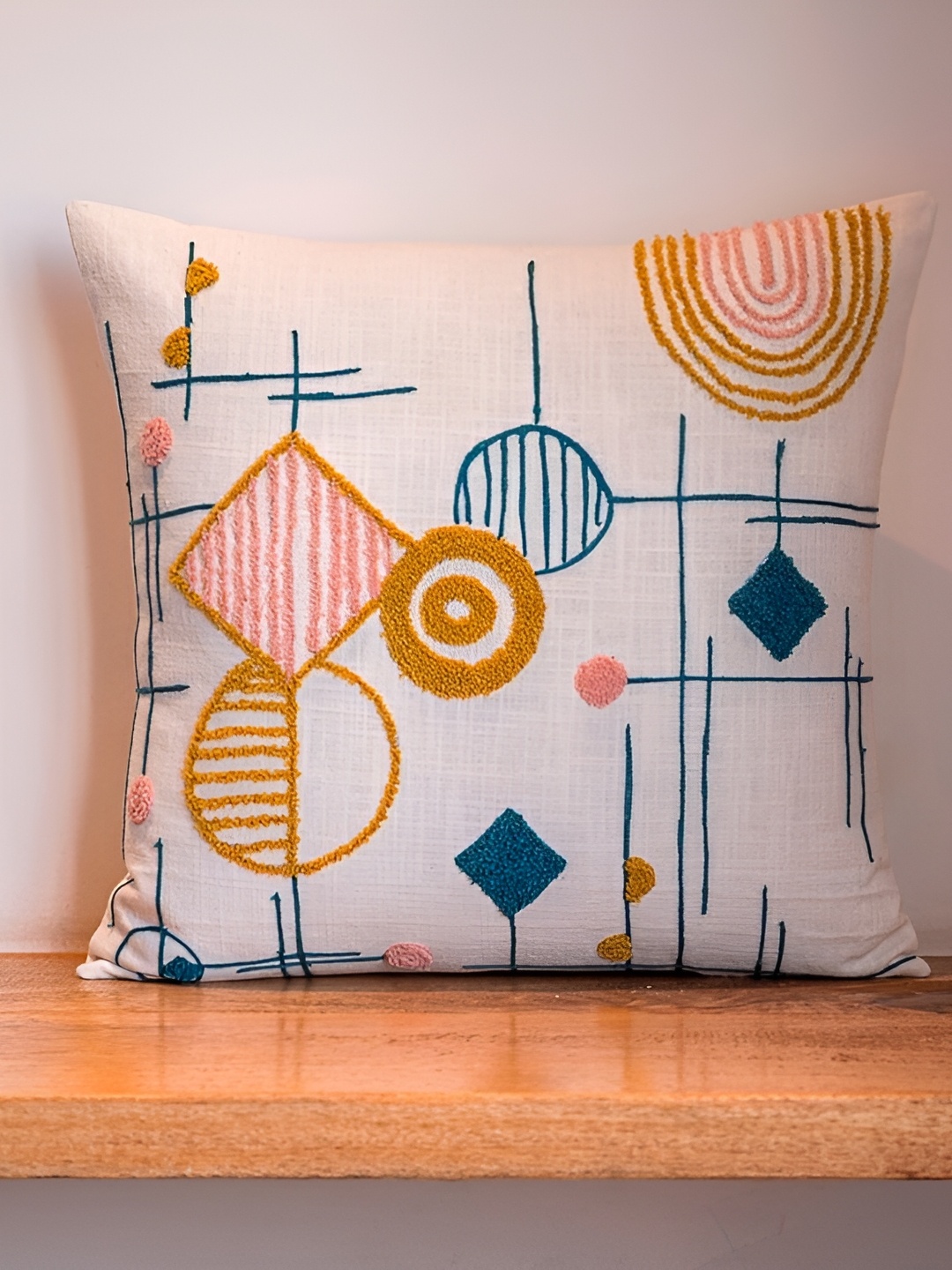 

ABSTRACT INDIA White & Blue Textured Cotton Square Cushion Cover