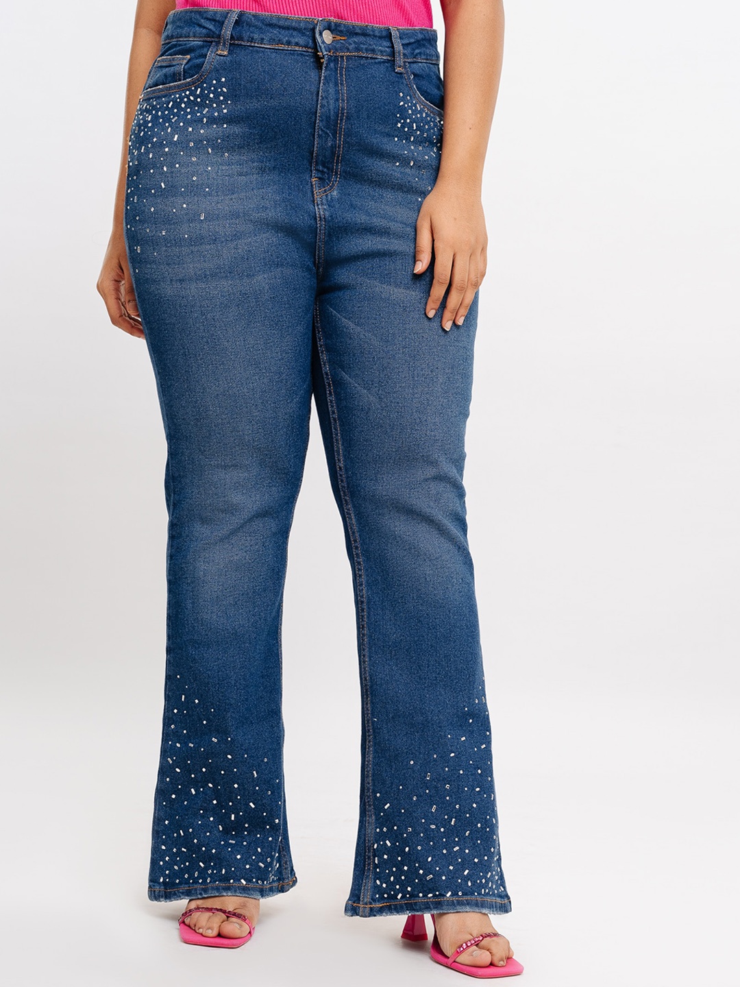 

FREAKINS Women Bootcut Clean Look Embellished High-Rise Whiskers Pure Cotton Jeans, Blue