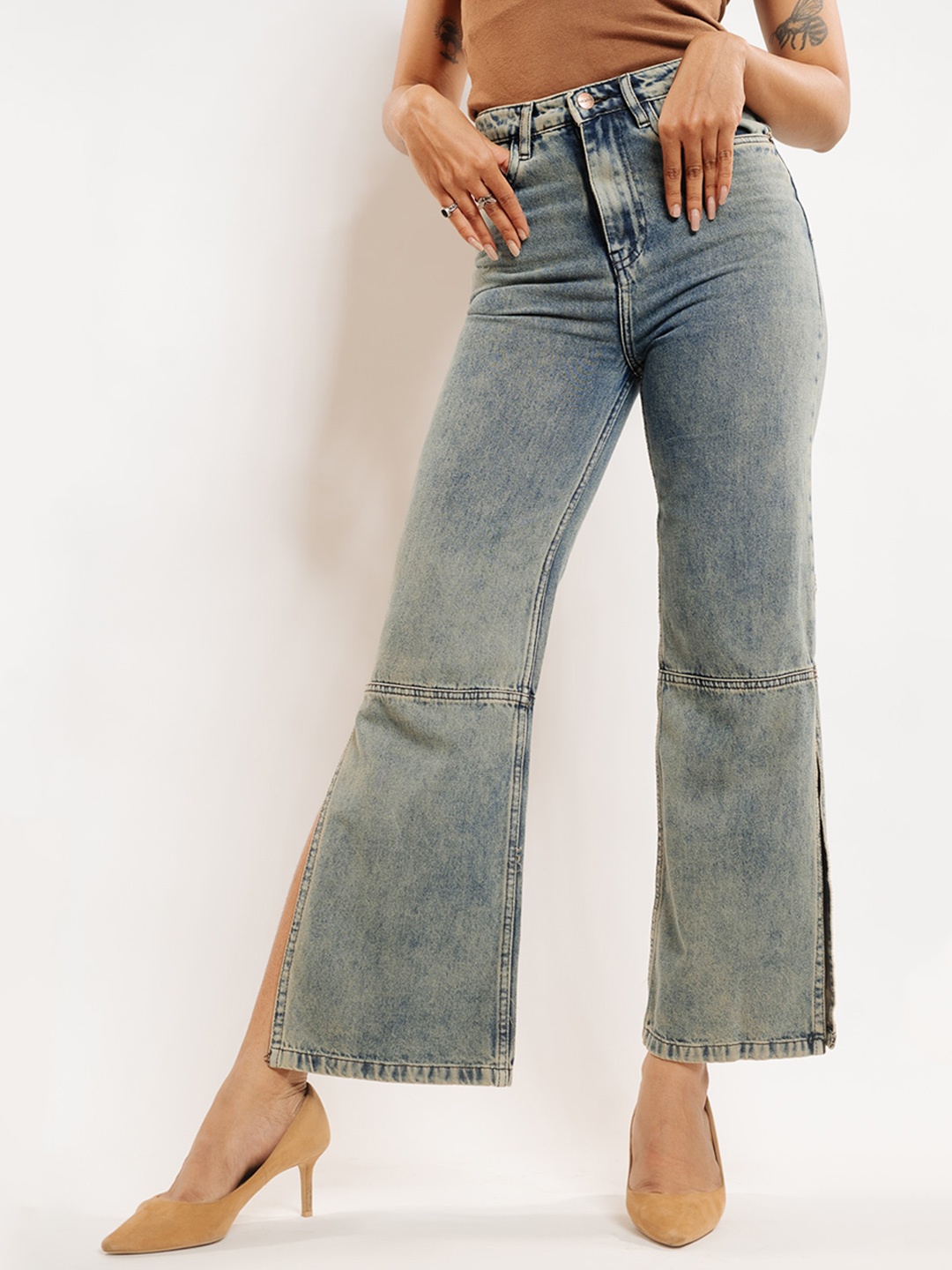 

FREAKINS Women Flared High-Rise Pure Cotton Side Slit Jeans, Grey