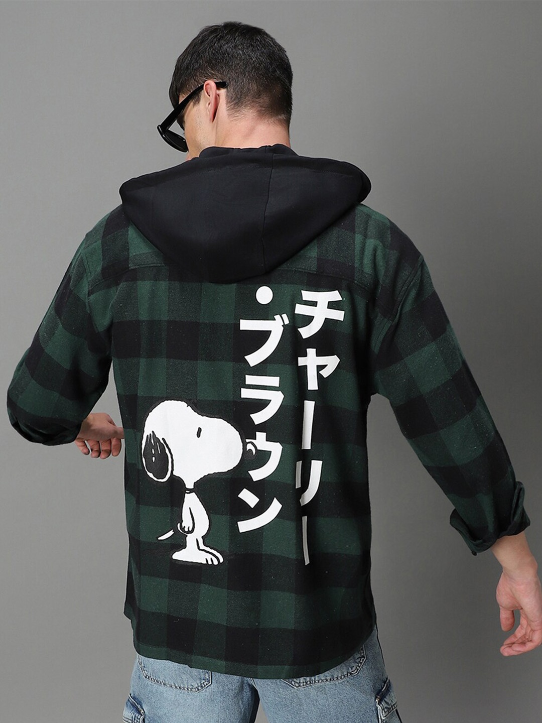 

Bewakoof Green Oversized Peanuts Printed Hooded Long Sleeves Cotton Casual Shirt