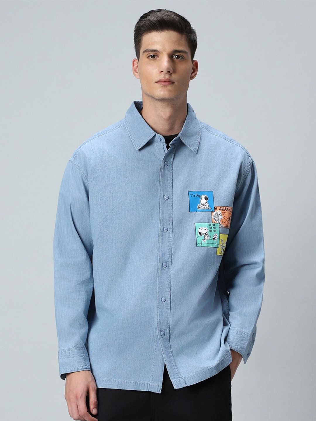 

Bewakoof Blue Oversized Peanuts Printed Spread Collar Long Sleeves Cotton Casual Shirt