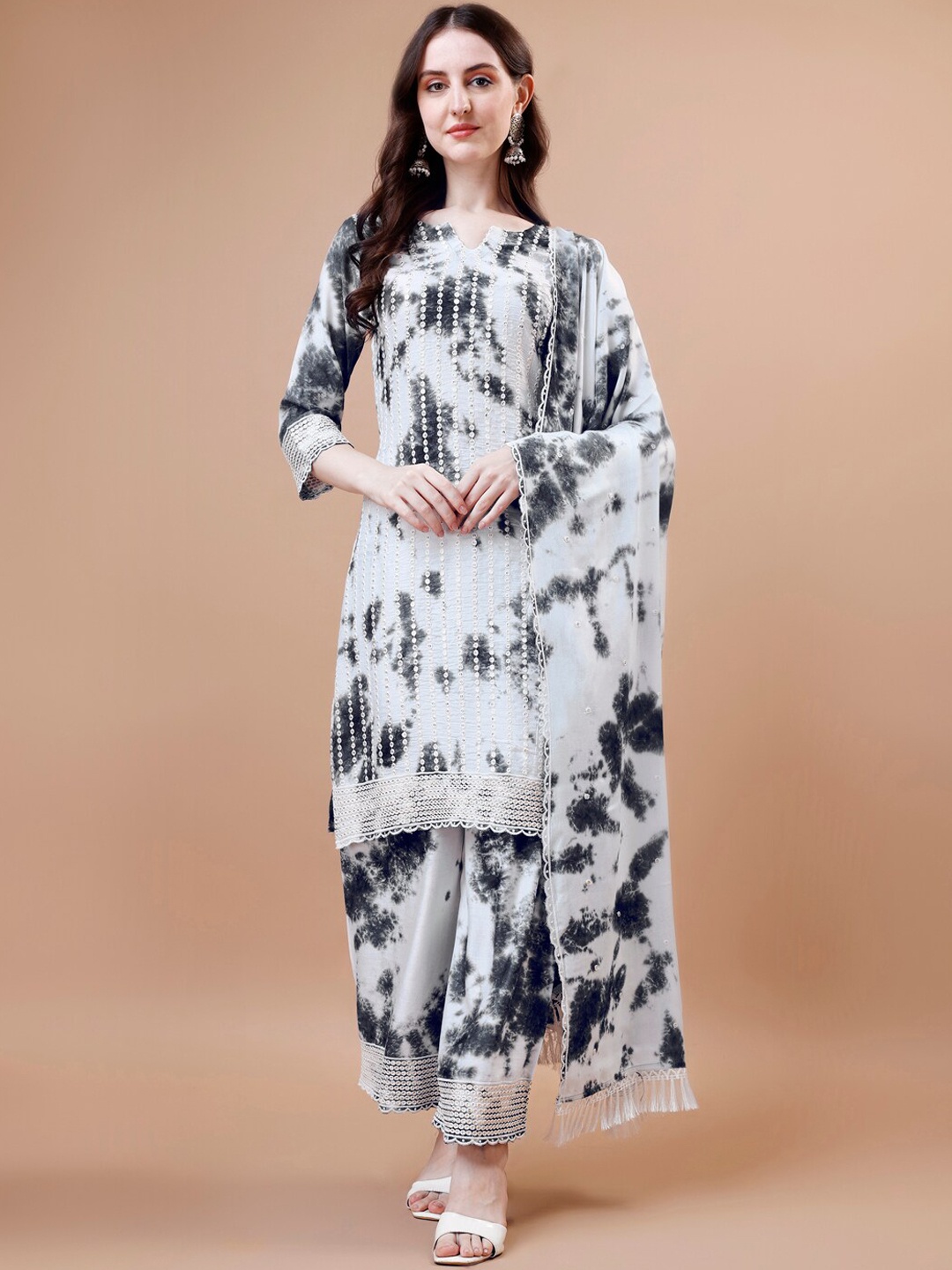 

KALINI Ombre Dyed Sequinned Straight Kurta With Trousers & Dupatta, White