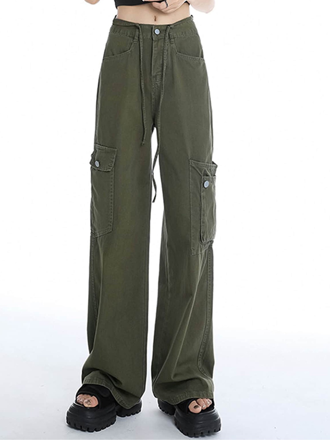 

LULU & SKY Women Straight Fit Cotton Cargos Trousers, Green