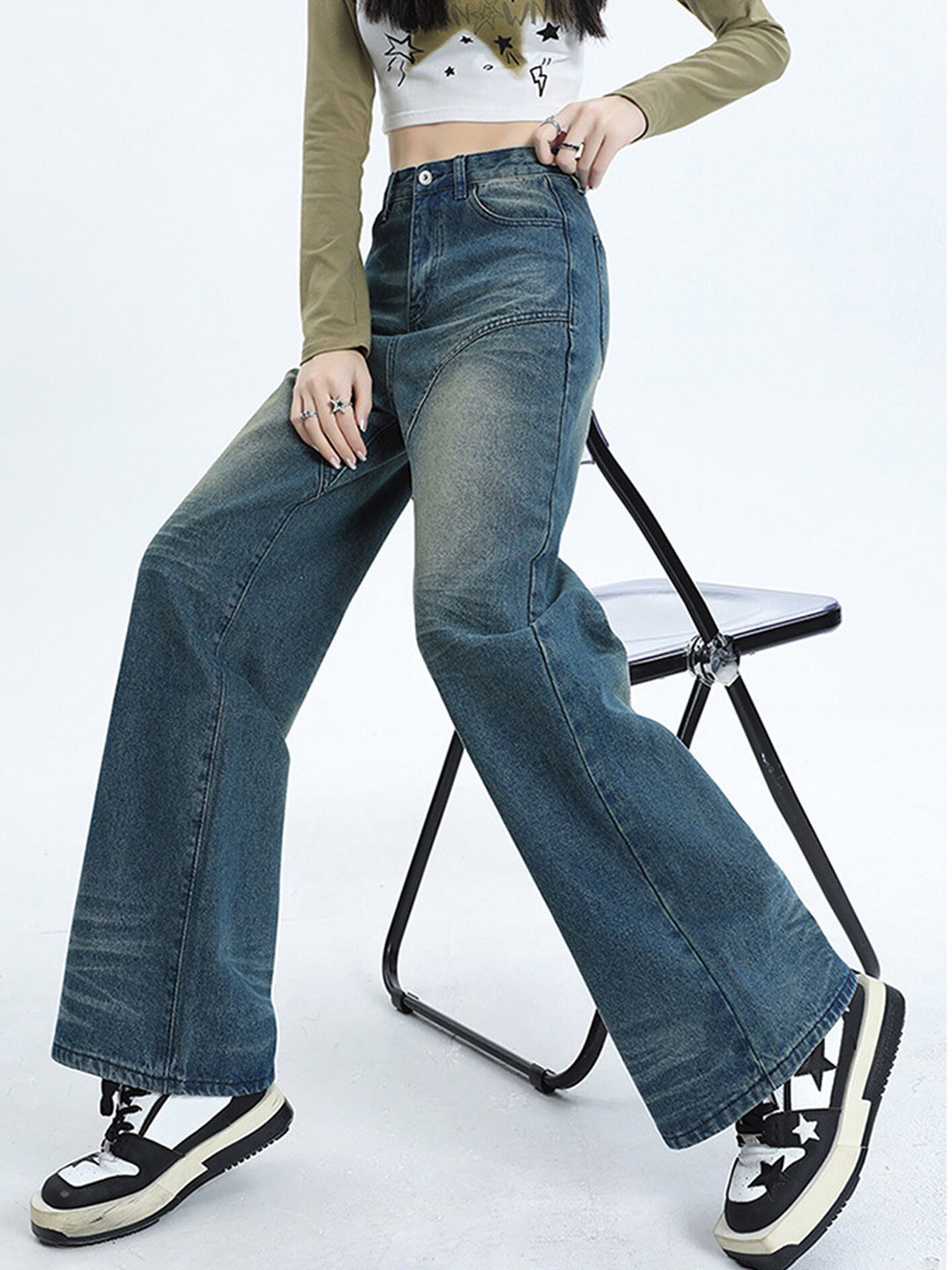 

LULU & SKY Women High-Rise Wide Leg Heavy Fade Clean look Jeans, Blue