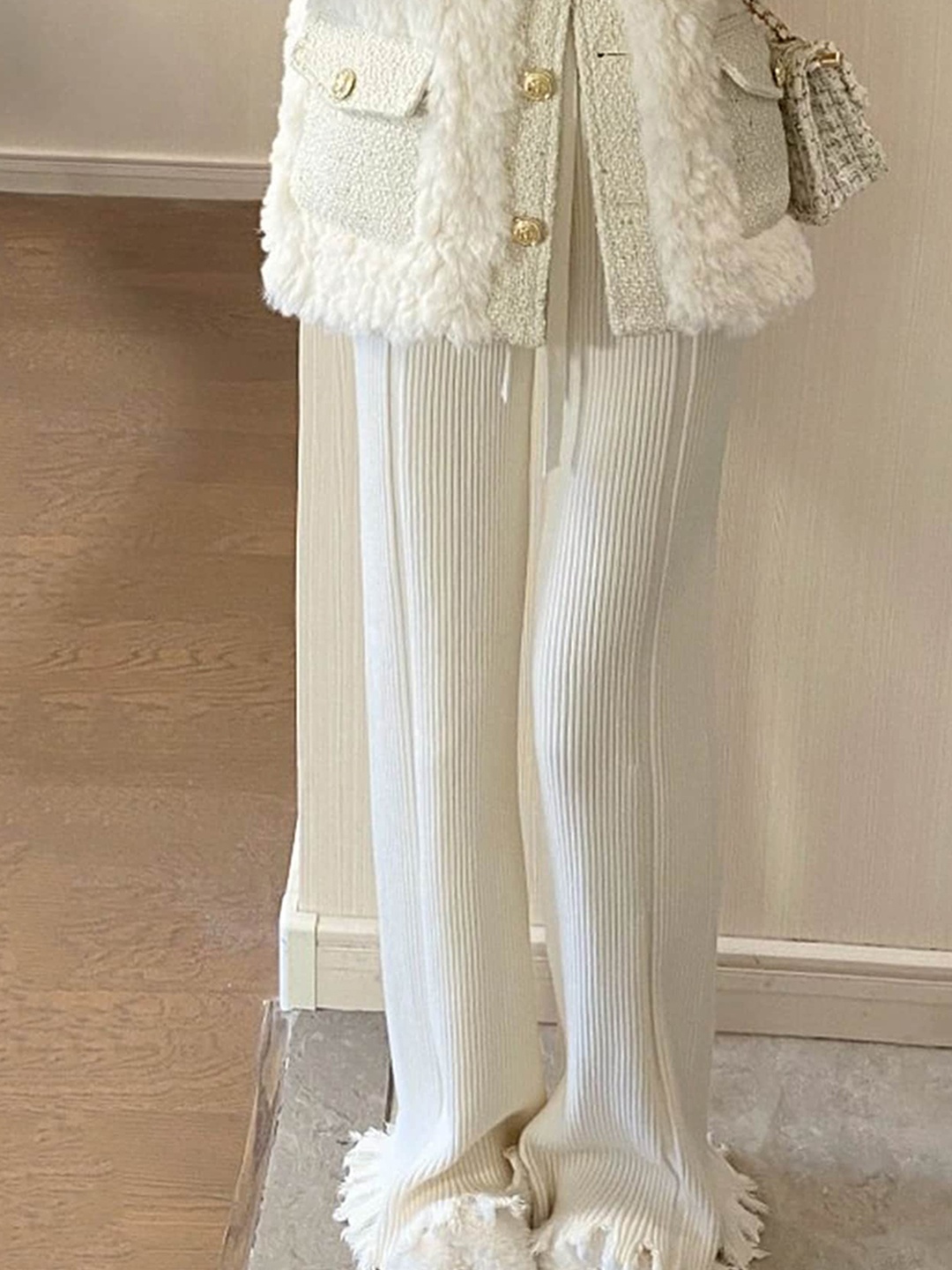

LULU & SKY Women High Rise Rib Knit Trousers, Off white
