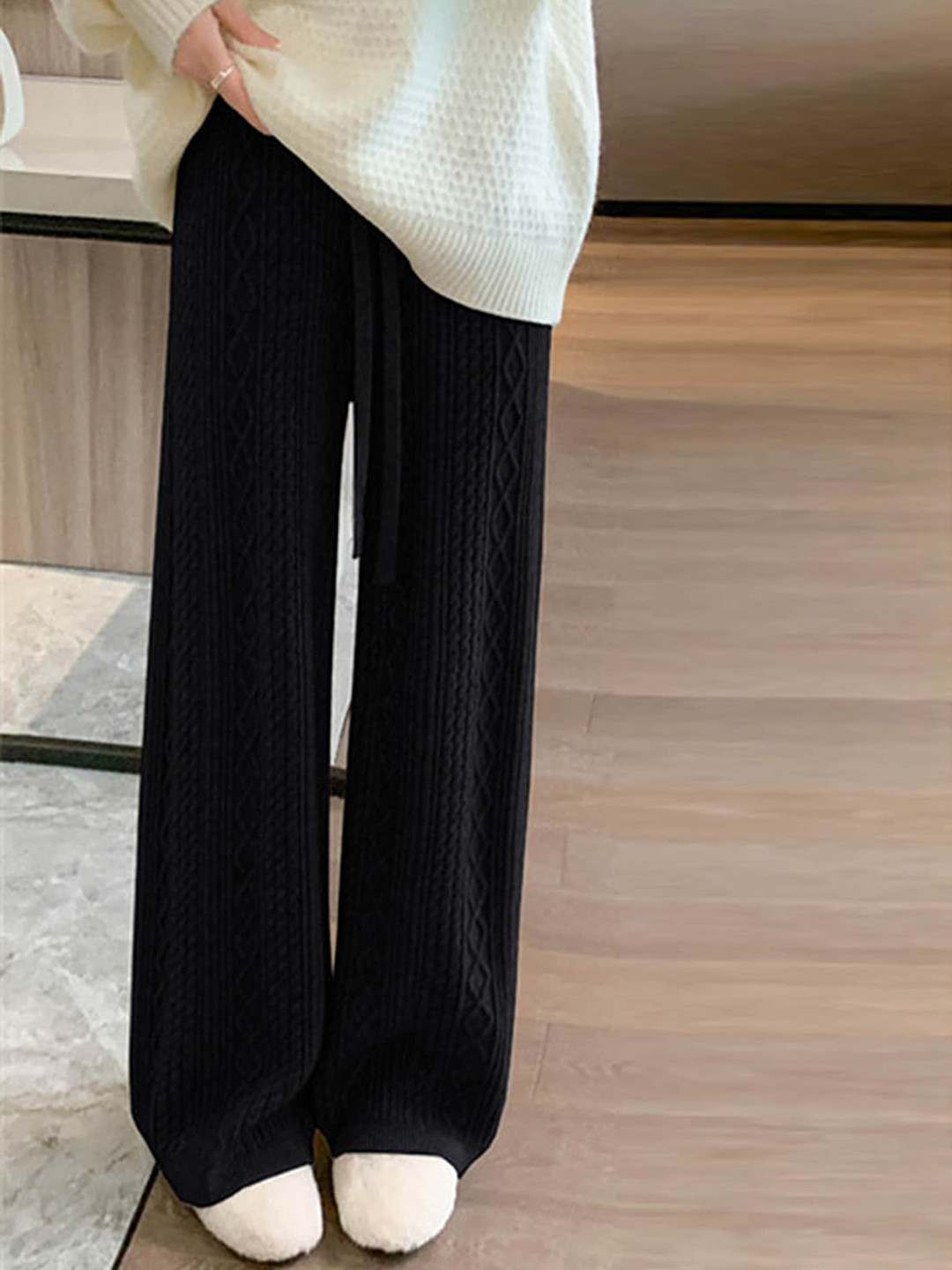 

LULU & SKY Women High-Rise Self Design Parallel Trousers, Black