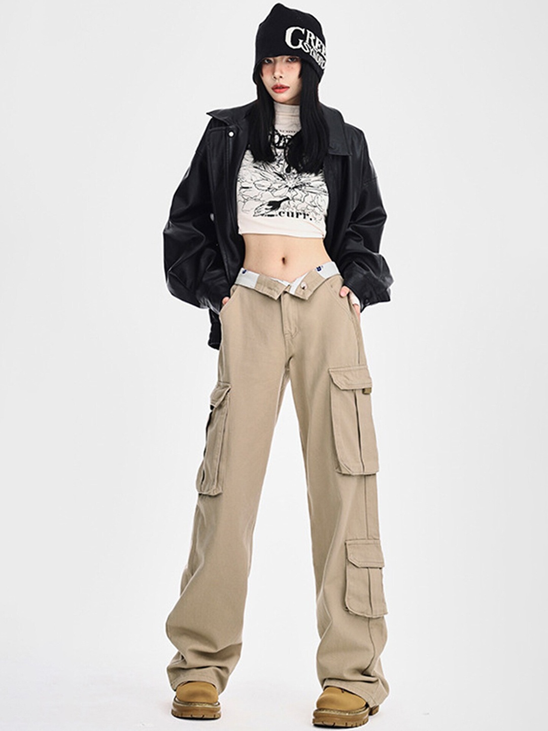 

LULU & SKY Women Regular Fit High-Rise Plain Cotton Trousers, Khaki