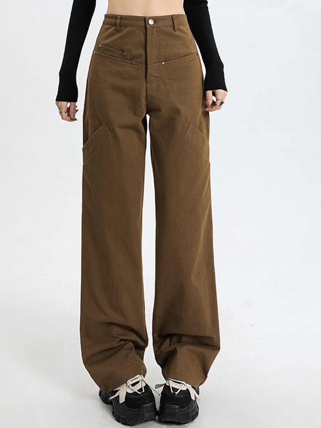 

LULU & SKY Women High Rise Inseam Pocket Parallel Trousers, Brown