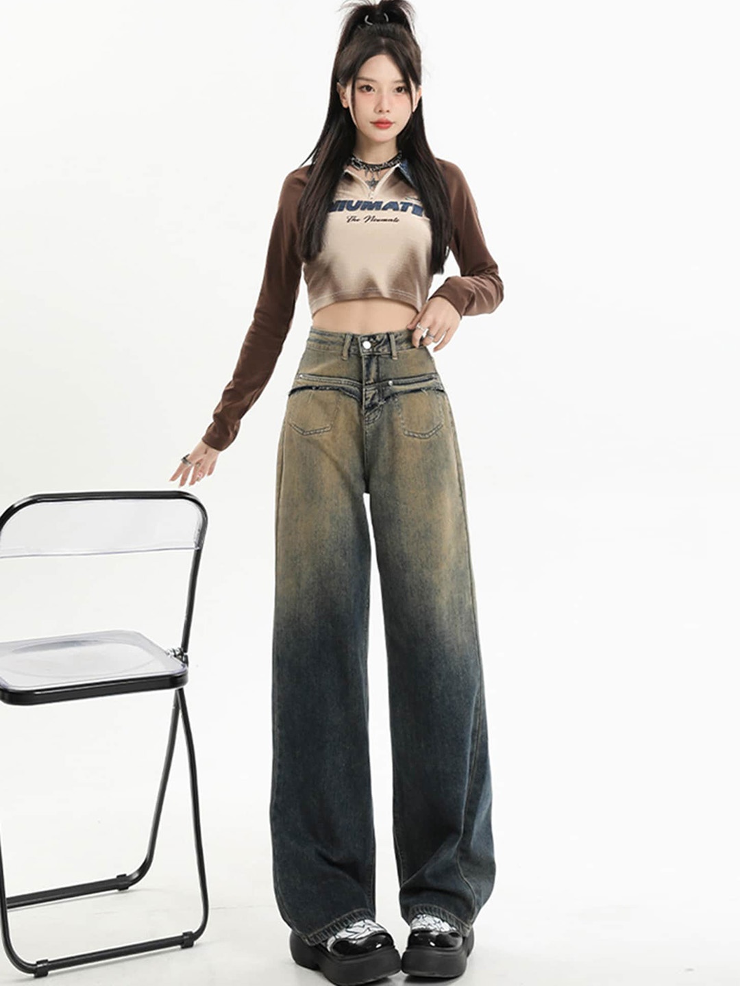 

LULU & SKY Women High-Rise Heavy Fade Stretchable Wide Leg Jeans, Yellow