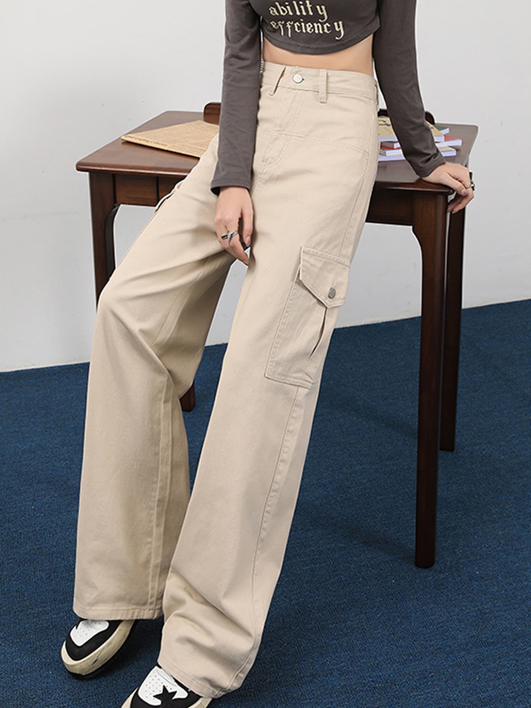 

LULU & SKY Women High-Rise Wide Leg Pure Cotton Cargos, Beige