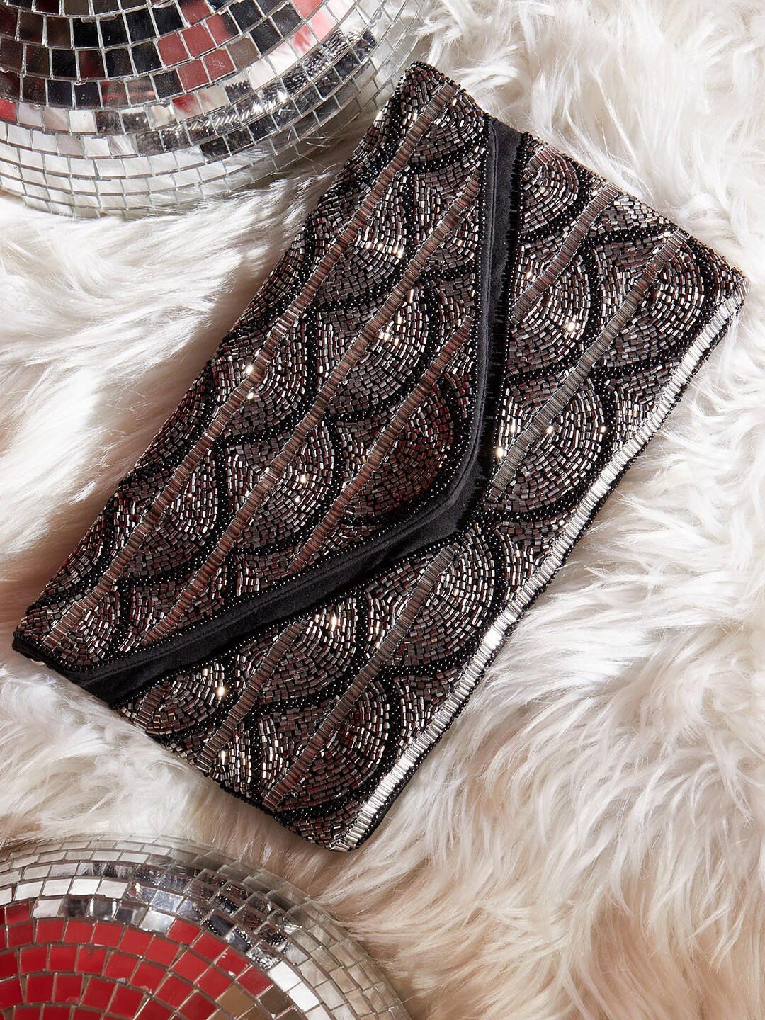

indo street Embellished Envelope Clutch, Black