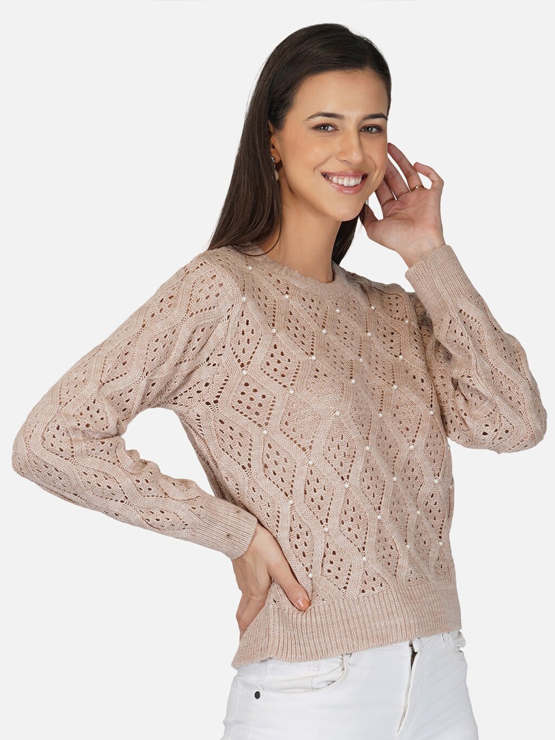 

Chemistry Open Knit Beaded Acrylic Pullover Sweater, Beige