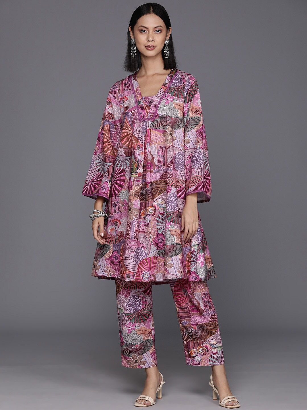 

KALINI Floral Printed V-Neck A-Line Fusion Kurta with Trousers, Purple