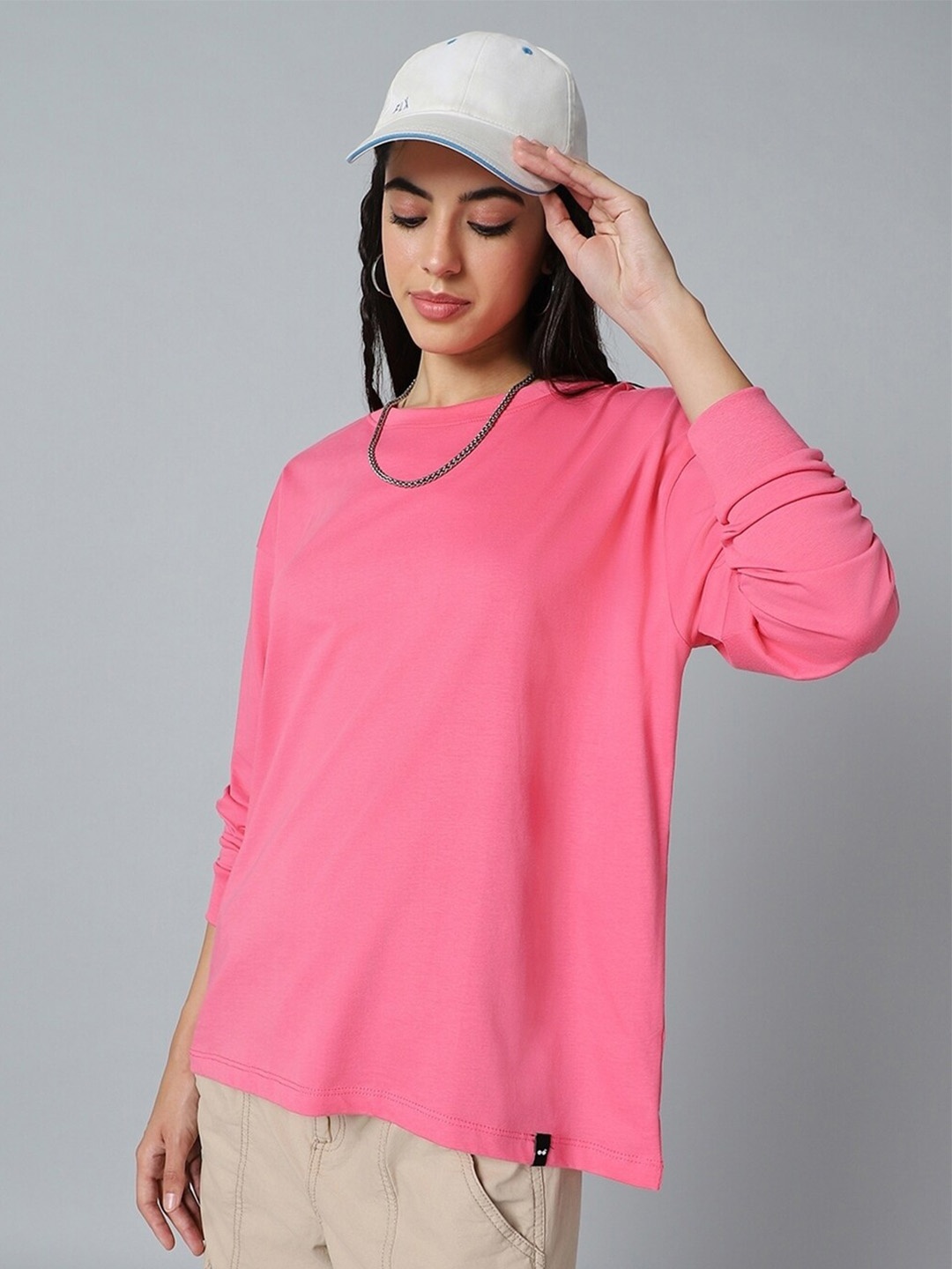 

Bewakoof Women's Solid Full Sleeve Oversized T-shirt, Pink